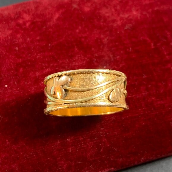 Men's 14KY Gold Butterfly Caterpillar Floral Design Cigar Band Ring Size 10.25 - Picture 15 of 16